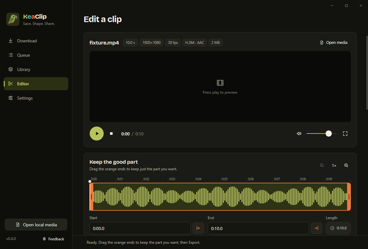 The KeaClip editor with a game clip open and the trim timeline below