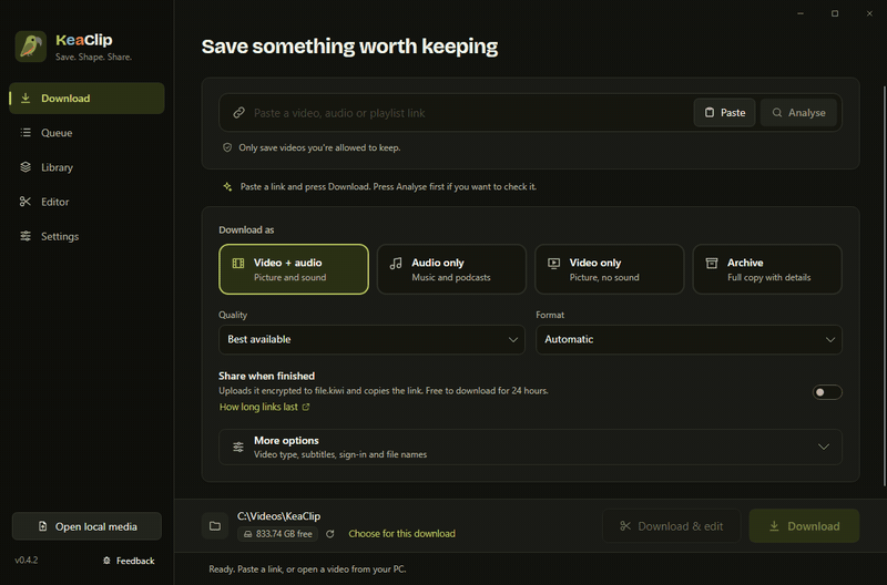 Pasting a Reddit link into KeaClip, keeping the good part, fitting it for Discord and copying the finished clip